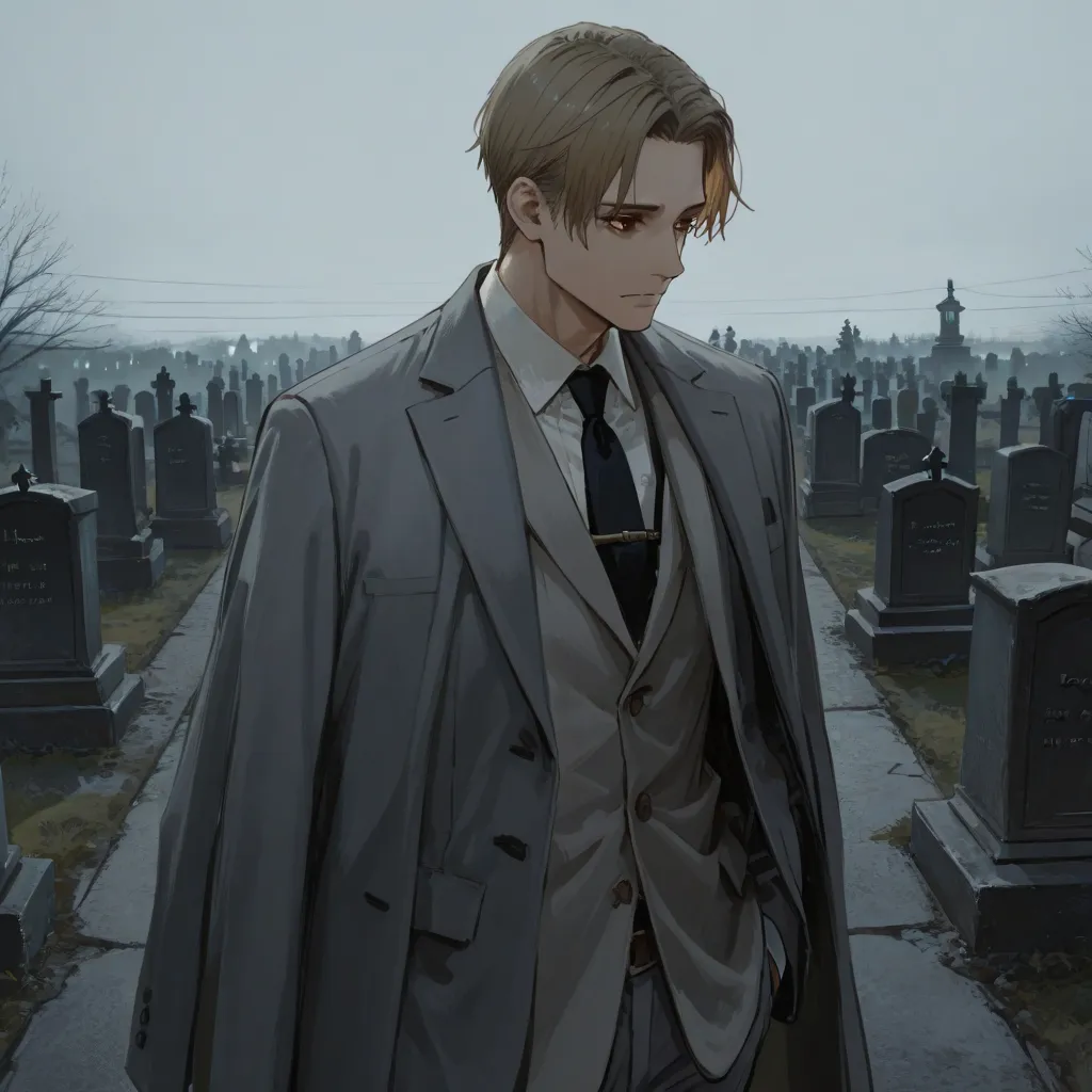 A tall male man, of short blond hair , with brown eyes, wearing a suit,  standing in a cemetery  