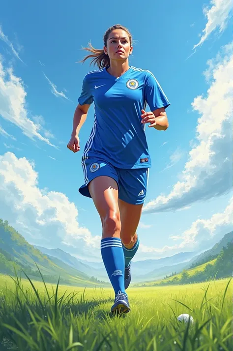 Woman walking in blue soccer uniform