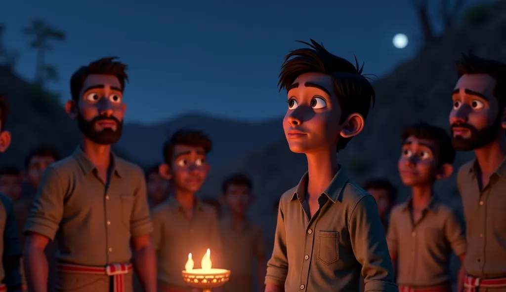 Veer standing with determination, speaking to the villagers who listen intently. The village is bathed in soft moonlight, and the atmosphere is serious yet hopeful. Veer’s expression is resolute as he recounts his encounter with the spirit. The villagers s...