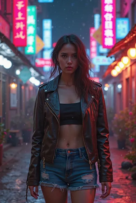 Neon Art lights all the way,, cgi-3d art , hyper- realistic , Walking lady clothes sexy face to face emotional facial looks, brown leather black jacket, Meet a scorpion robot in the middle of the city ,brown jacket leather ash black,   blue shorts  ,fantas...