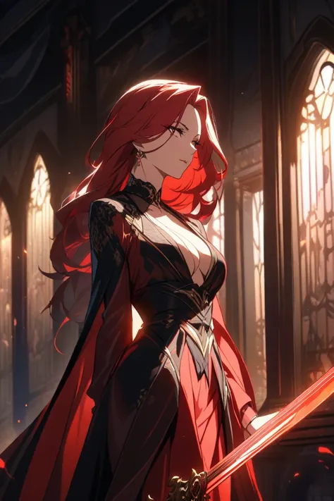 red long hair, beauty， mature, tarting，, sexy，noble，Waist Sword，2D Anime