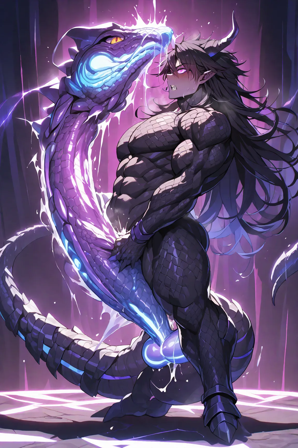 One,  foreign, 1 person,  sporty body looking out of the side, V-shaped body, Detailed Armor with Purple Sparkling Ornaments on Black, Black Demon Horn, long hair,   black hair, Reptilian Eye Magenta, Purple Thread, black light, muscular boy, Strong Orgasm...