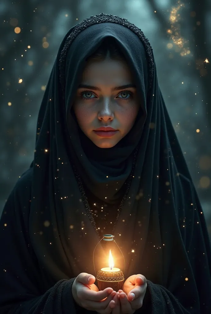 A girl in black Hijab background will be dark with moon and Star and in girl hand a lamp light 