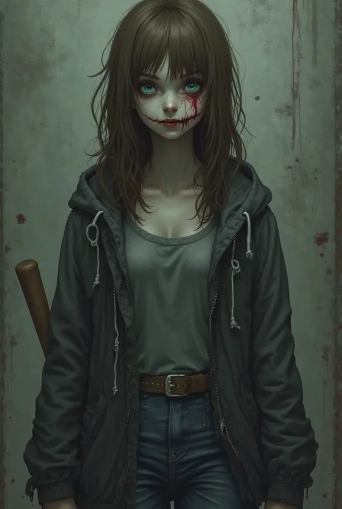 Create me an image of a tall girl, With brown brown hair, with very pale skin almost like paper, That one eye is dark turquoise blue and the other eye is olive green, That she has a stitched smile and that she is terrifying in the style of Jeff The Killer,...