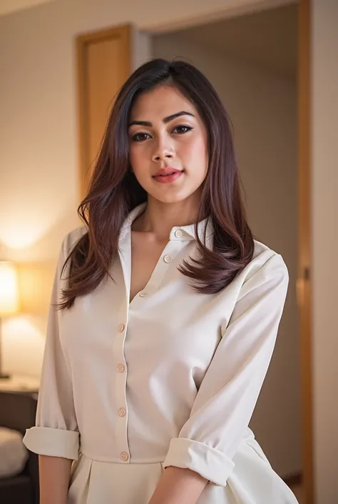 Portrait of a muscle young woman sitting on a bed. she is wearing a pink off-the-shoulder dress with a ruffled neckline and short sleeves. the dress is made of a soft, silky fabric and has a delicate lace trim around the neckline. the woman has long dark h...