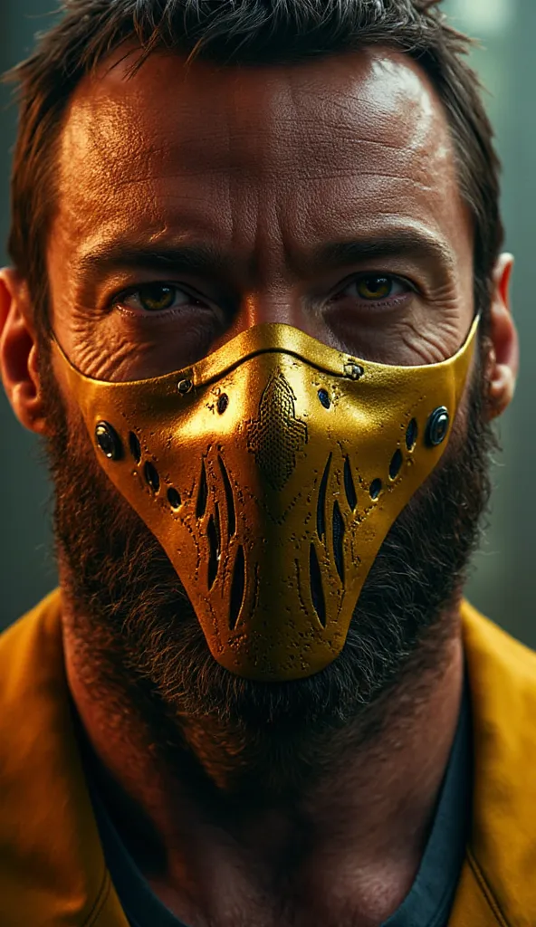  Here is a detailed prompt to generate an image  ** super realistic** do Hugh Jackman como **scorpion**, in a style **viking**, focused **only on the face**, with a very detailed and shiny metallic yellow and gold mask, and an impactful background:  

--- ...