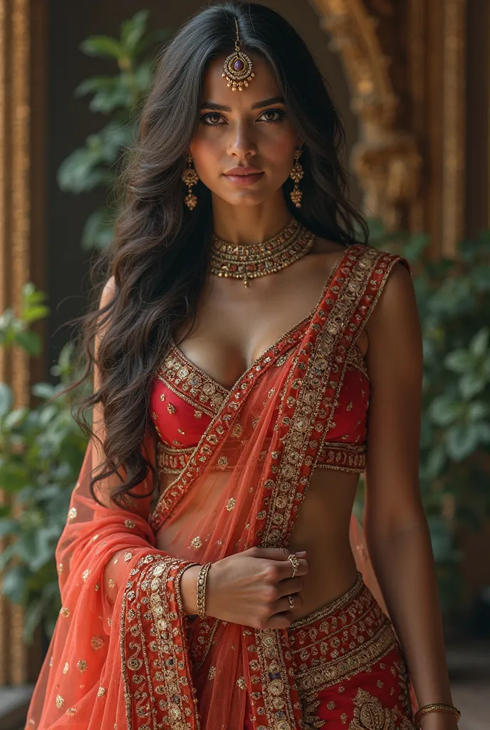 Make a sexy girl in a shorter Indian lehenga, Also show off her legs


