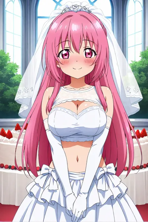 anime screencap, 1girl, solo, looking at viewer, cowboy shot, wedding dress, crop top, midriff, navel, white elbow gloves, wedding veil, pink hair, long hair, tied hair, pink eyes, large breasts, smile, blush, wedding cake, chapel,