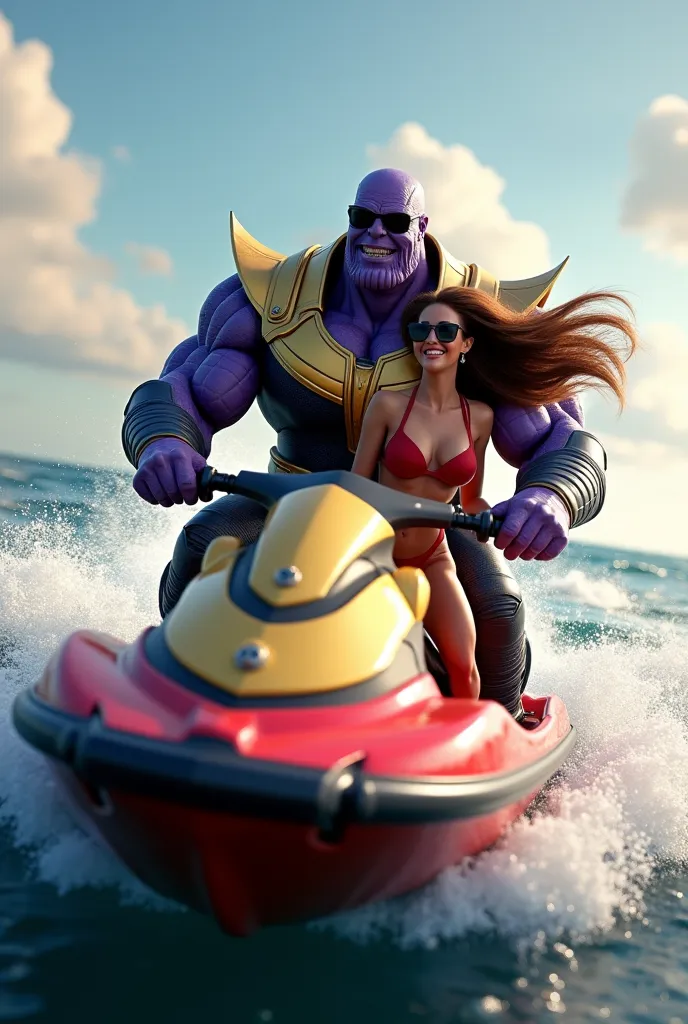 Thanos "A highly detailed and realistic 3D-rendered image of a giant, muscular, purple-skinned alien warrior wearing golden and black futuristic armor, riding a red and black jet ski across ocean waves. He has a confident grin and wears black sunglasses. B...