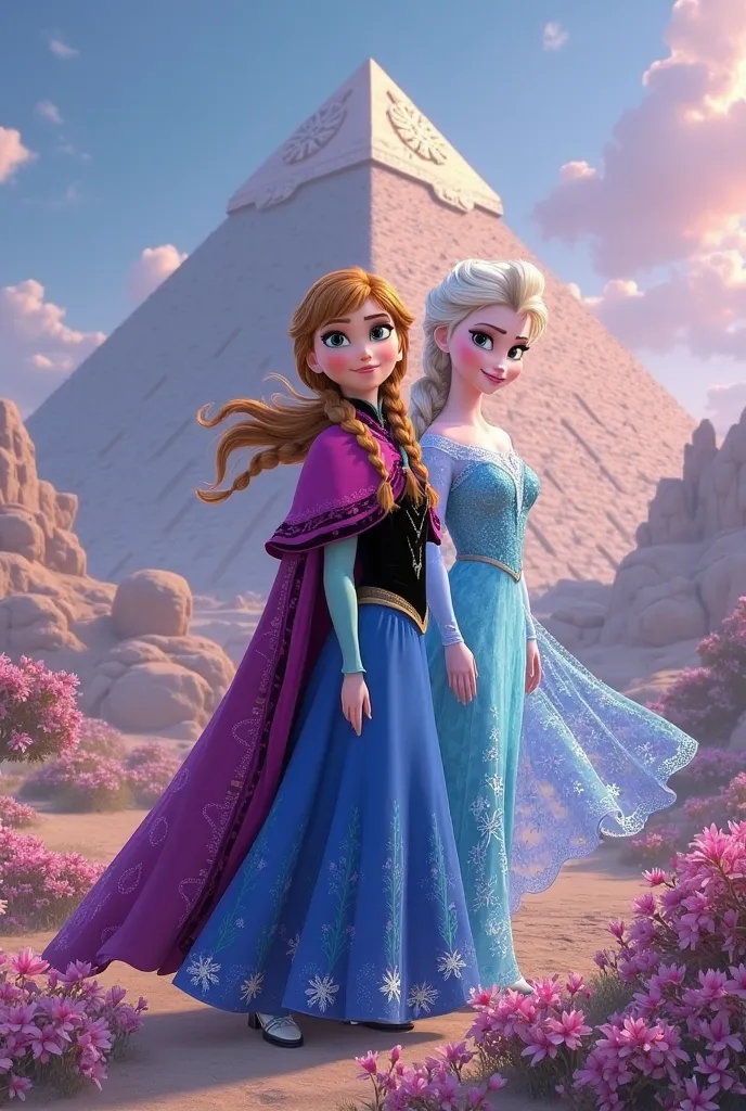 You can create a birthday card for me with the princesses Anna from Frozen with two little braids , the brave princess and the princess Elsa in the center and with the pyramids of Petén in the background? Disney style