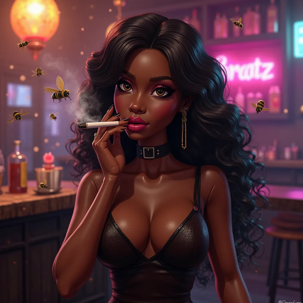 PP of a black Bratz with sexy shapes smoking and in a bar 
With bees around her 