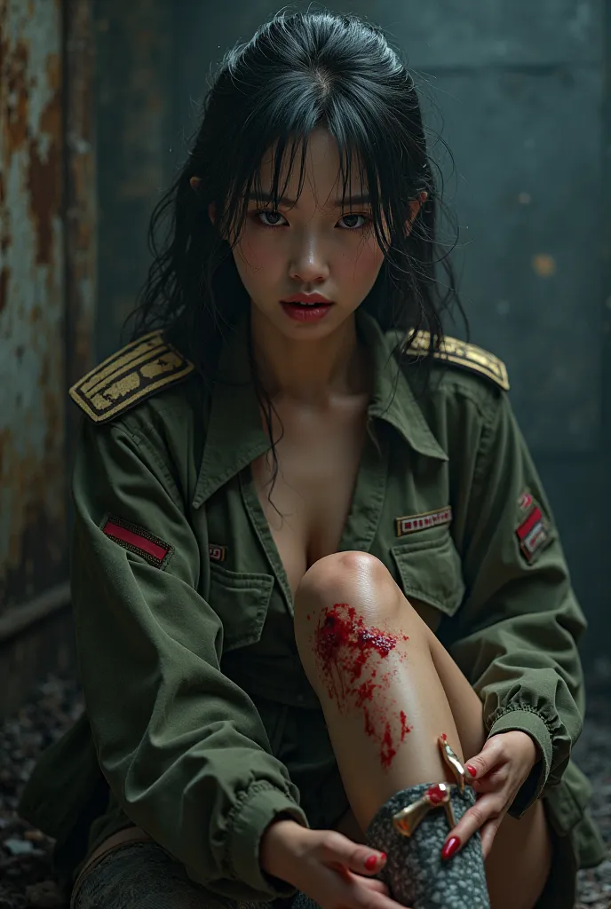 A beautiful Asian woman, nsfw, military uniform with tie, micro miniskirt, long boots, suffering expression, crying, heavy bleeding from her thigh, (((((with a cutter blade impaled in her thigh))))), ((((a man is cutting her thigh with a cutter)))),(best q...