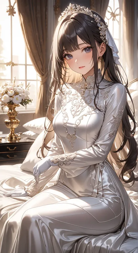 portrait、god々Shining light、( masterpiece,Highest quality, super high definition ),Extremely detailed CG,Japanese Female,((beautiful face)),(( long sleeve long dress made of shiny white silk satin))、((The dress has a simple design without embellishments)),r...