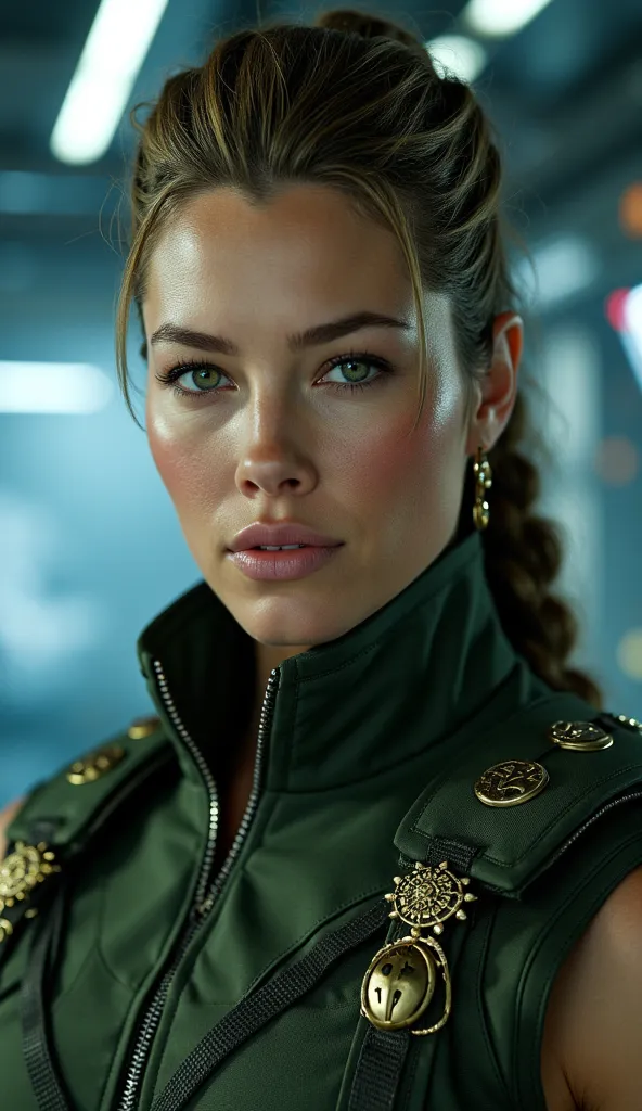  Here is a detailed prompt to generate an image  ** super realistic** by Jessica Biel as **Sonya Blade**, in a style **viking**, focused **only on the face**, with a bright military green outfit and striking details:  

---  
**"Close-up hiper-realista do ...