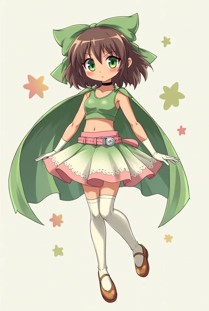 A femboy character with NO breasts. They have a flat chest. They have fluffy shoulder length brown hair with a green bow in it, pinned to the side. They have tanned skin and lime green eyes They wear a black and pink choker around their neck. They wear whi...