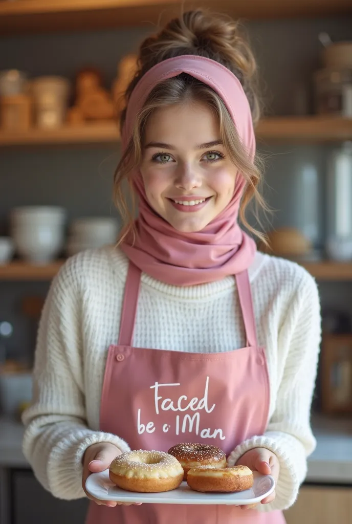 Make me realistic photo, beautyful girl ducth very young oval face, clean face, white face, smile, wearing pink full hijab, wearing white sweater, 
behind the counter of a bakery, cafe background, offering a creampie donut on a platter. her hair is up in a...