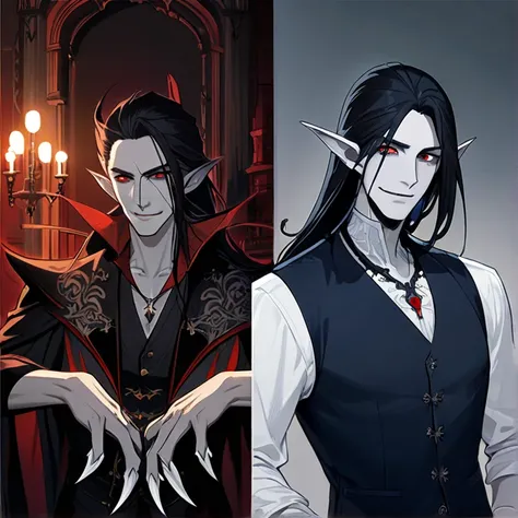 masterpiece, hd, high resolution, high quality, best quality, super detailed. Solo character alone, multiple views. Epic high fantasy art.
{{(1000-years-old male_adult_vampire_Lord:(appearance: attractive_black_hair. ashen_pale_grey_skin. long_pointy_vampi...