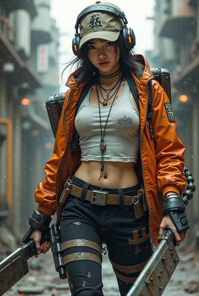 
Full-body view, fisheye portrait effect, lower-down angle. A hardened korean women, wearing a weathered baseball cap and rugged headphones. battle-worn Mecha armor, reinforced with thick iron plates, features two long orange shield assembly blades with wh...