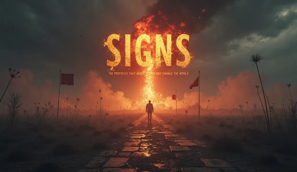 "Create an intense and captivating cover of the YouTube channel for 'signs: the prophecies that are about to come true and change the world'. The cover should feature a dark apocalyptic landscape with a dramatic, that dramatic sky is That the sky beacon Th...