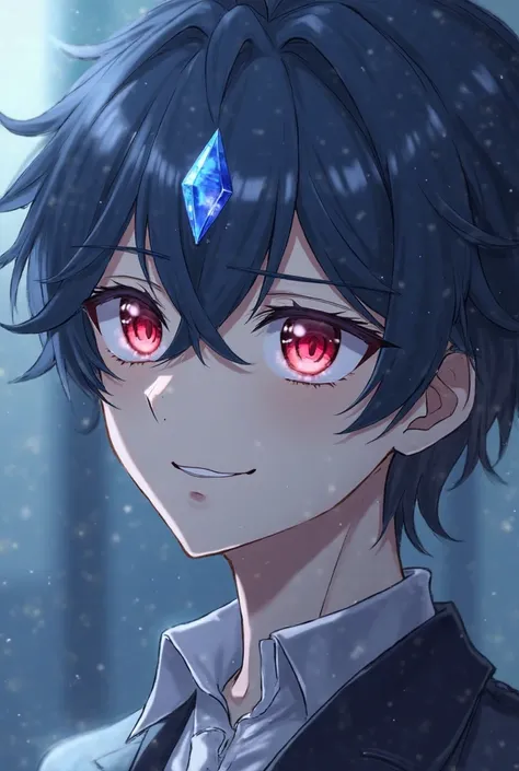 A 30-year-old handsome anime boy whose hair color is indigo. He has a blue jewel on his forehead. His eyes are red and inside his eyes is a shining jewel with a blue balloon. His character is sullen and smiles with a painful smile as if he is saying goodby...