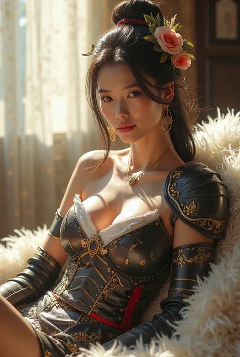  Looked up,Up close,Bright morning shades,young and beautiful Sundanese female knight, clean white skin ,ideal perfect body,ideal solid chest ,Wearing a sexy and slim fit chinese colossal combat armor,with white fluffy collar,and shoes  ,elegant dress comb...