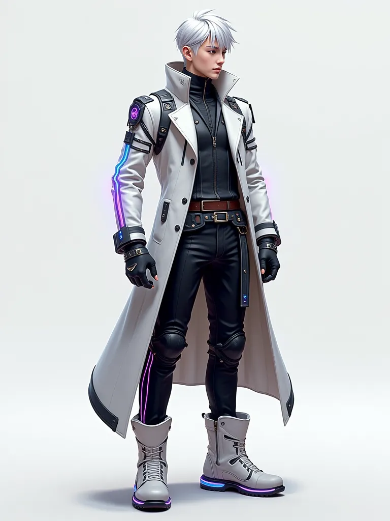 futuristic and magical, How Oz, And stylish , aesthetic with technological details and a color palette inspired by the rainbow. Here is the detailed description:

Jacket and Upper Part

Modern long jacket, High collar.

O exterior do casaco é principalment...