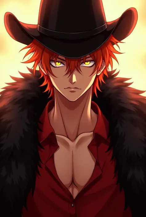 A man with a lean build, with well-defined features and a smooth, toned torso. His striking fiery red hair is slightly unkempt, with layered strands framing his sharp face. His glowing golden eyes radiate intensity, adding an almost supernatural presence. ...