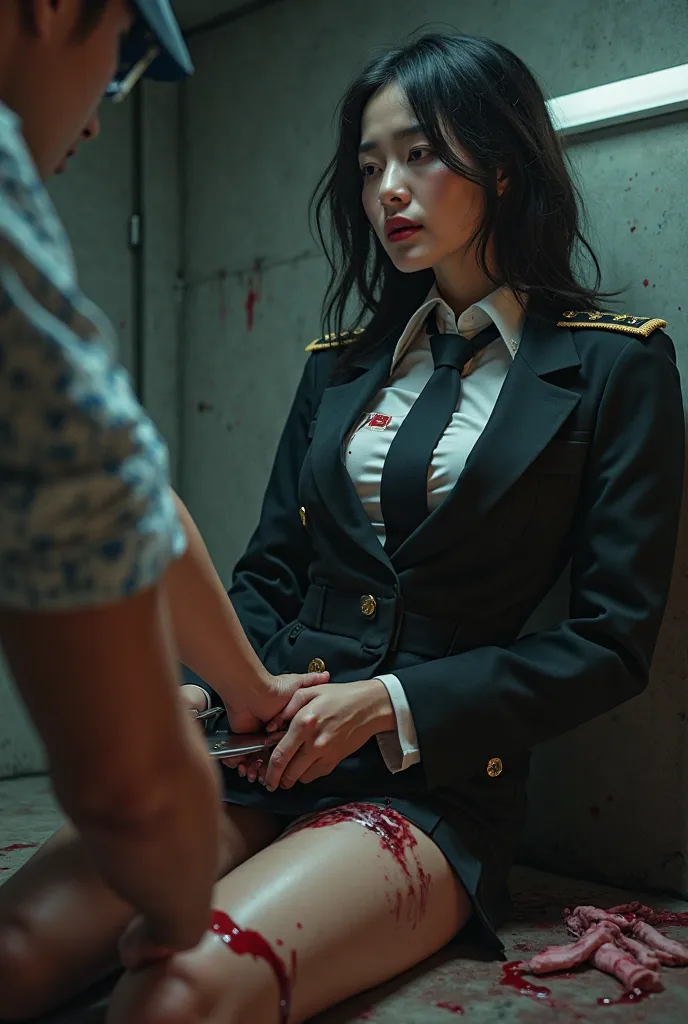 A beautiful Asian woman, nsfw, military uniform with tie, micro miniskirt, long boots, suffering expression, crying, heavy bleeding from her thigh, (((((with a cutter blade impaled in her thigh))))), (((((a man is cutting her thigh with a cutter))))),(best...