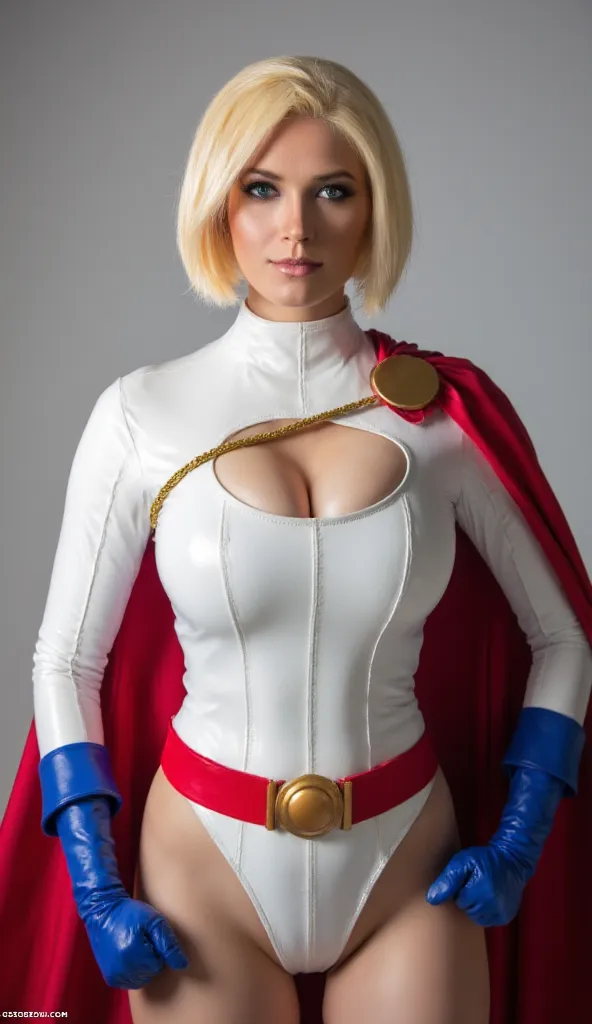 Power girl wearing her iconic superhero costumes, She is standing in front of the viewer, 