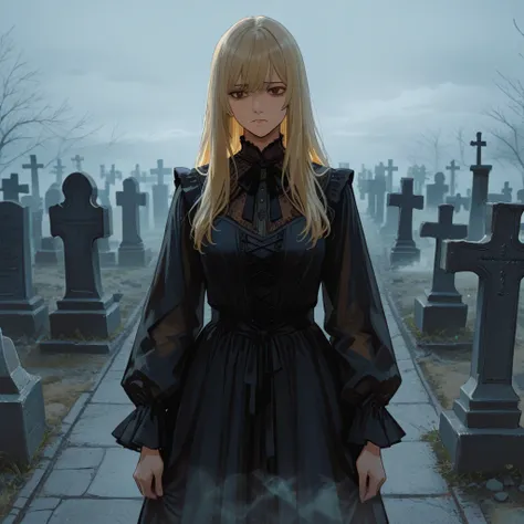  a tall woman, blonde, brown-eyed eyes, long hair and bangs, wearing a black mourning dress, standing in a cemetery with a sad countenance