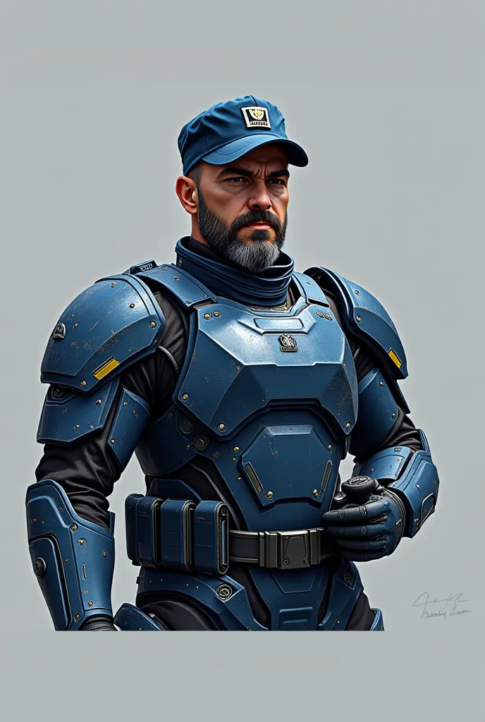 Futuristic senior officer in dark blue ballistic armor (with light scuffs and scratches), cap with an unobtrusive military logo,  short beard and mustache ,  determined look , Conceptual Style (concept art), semi-profile, cinematic lighting, 8k, hyper-real...