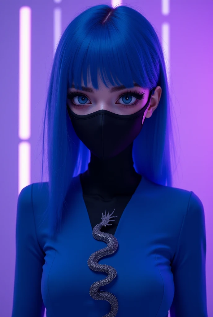 Woman with straight blue hair, black mask that covers her nose and mouth, eyes coming out, purple light and a blouse-like top, a blue top with a dragon symbol. 