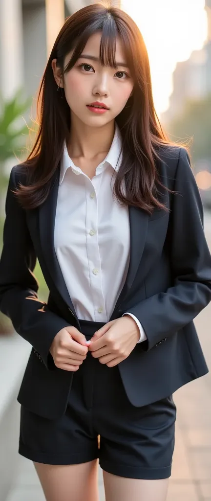   perfect configuration ,   proper placement in office clothes ,  golden ratio,  knees,    beautiful skinny Japanese woman  （ anorexia） :1.6, brown hair, Hairy Hair:1.21,   brown eyes :1.21,   Clear Eyes ,    perfect beauty ,    pink lipstick:0.98,   anato...