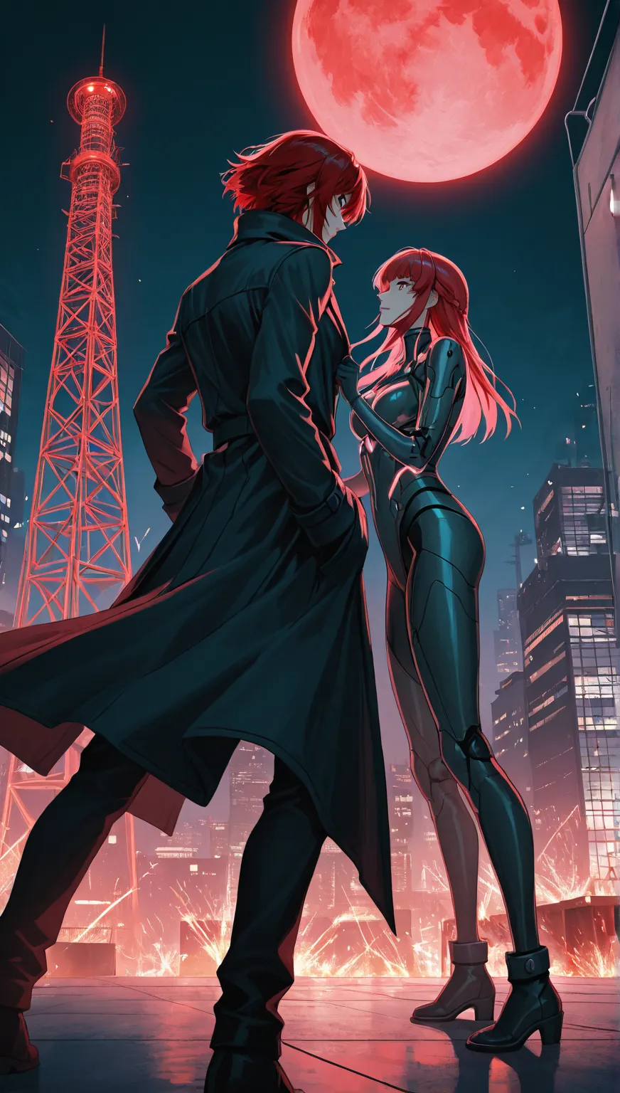 A tense anime standoff atop a glowing rooftop, with futuristic buildings stretching into the night. Two rival hackers, one with glowing cybernetic implants and the other with a long, flowing trench coat, face each other under a blood-red moon. The city spr...