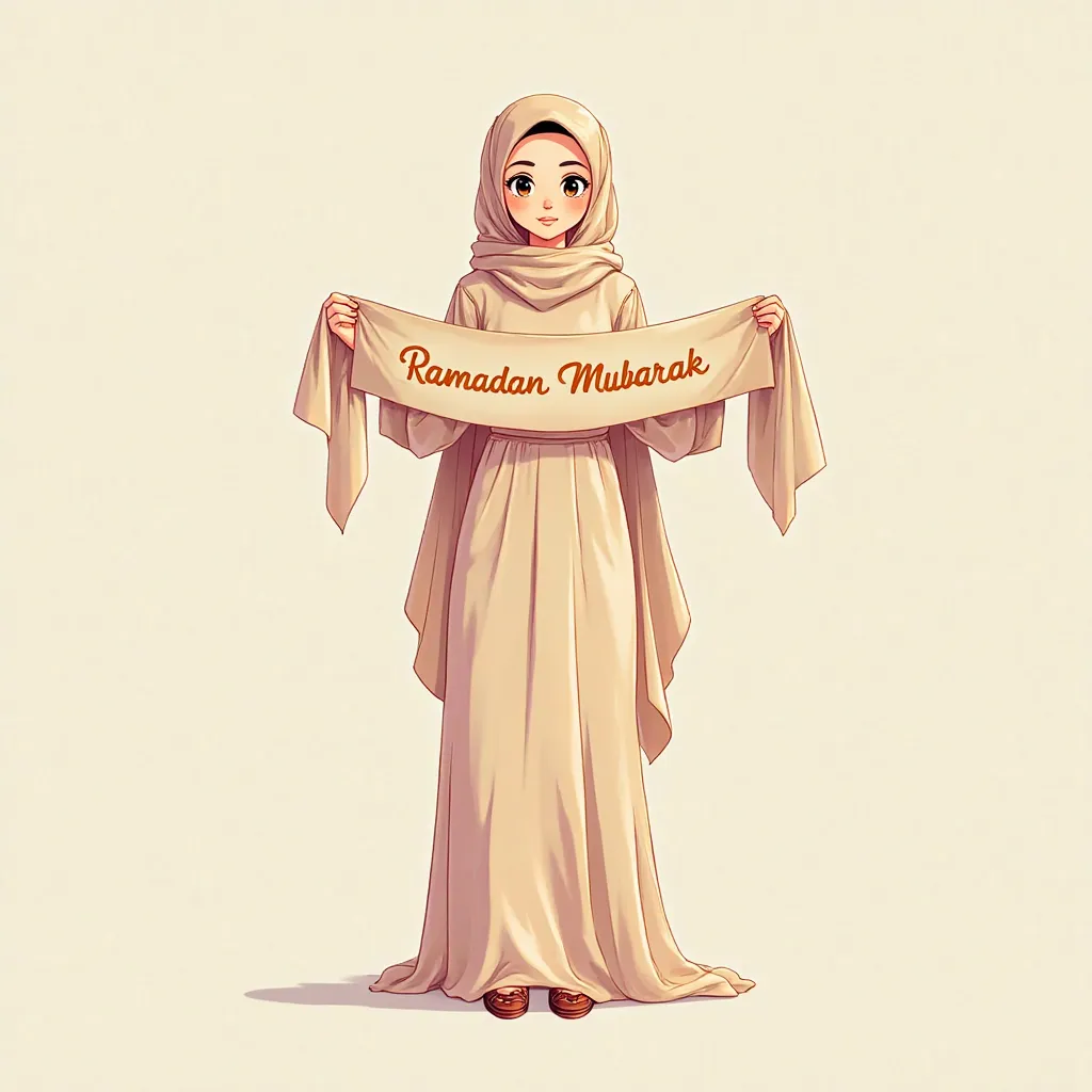 A realistic anime cartoon a  with a little smile  and brown eyes wearing a hijab covering all her hair and a long  beige dress and holding a banner written on it “RAMADAN MUBARAK”