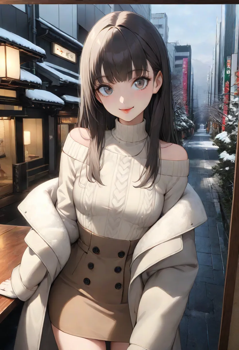   table top,  Top Quality,  masterpiece,  very detailed ,    nothing ,    8k Wallpaper,   perfect dynamic composition,   20 year old girl,   Beautiful eyes and attention to detail ,   Beautiful long straight hair  , トレンディな winter fashion  ,   tiny breasted...