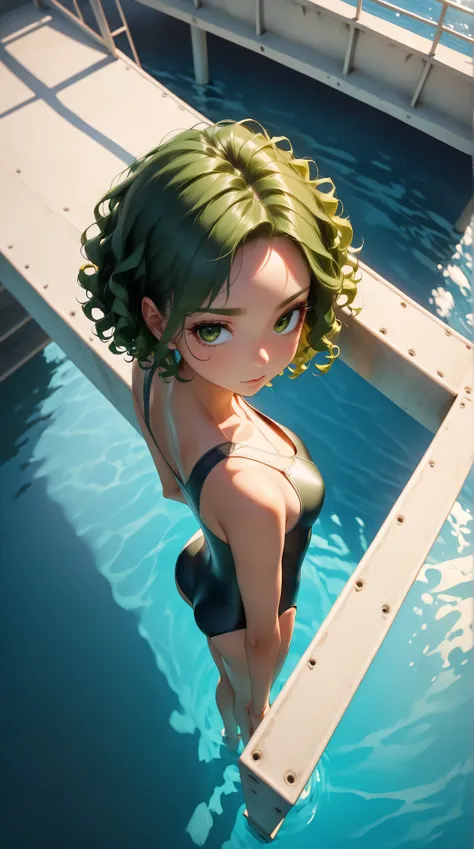  a girl,  Alone, green hair, long curls , Swimwear on, Stands on a diving tower 10m high on the edge,  View from the front above, UHD, masterpiece, best quality, 8k 