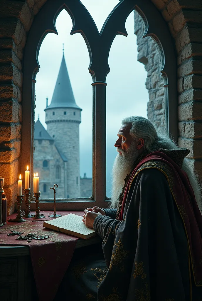 wizard looking outside of window in a castle, medieval, cloudy, dark, fantasy clothing and landscape, awaiting rain