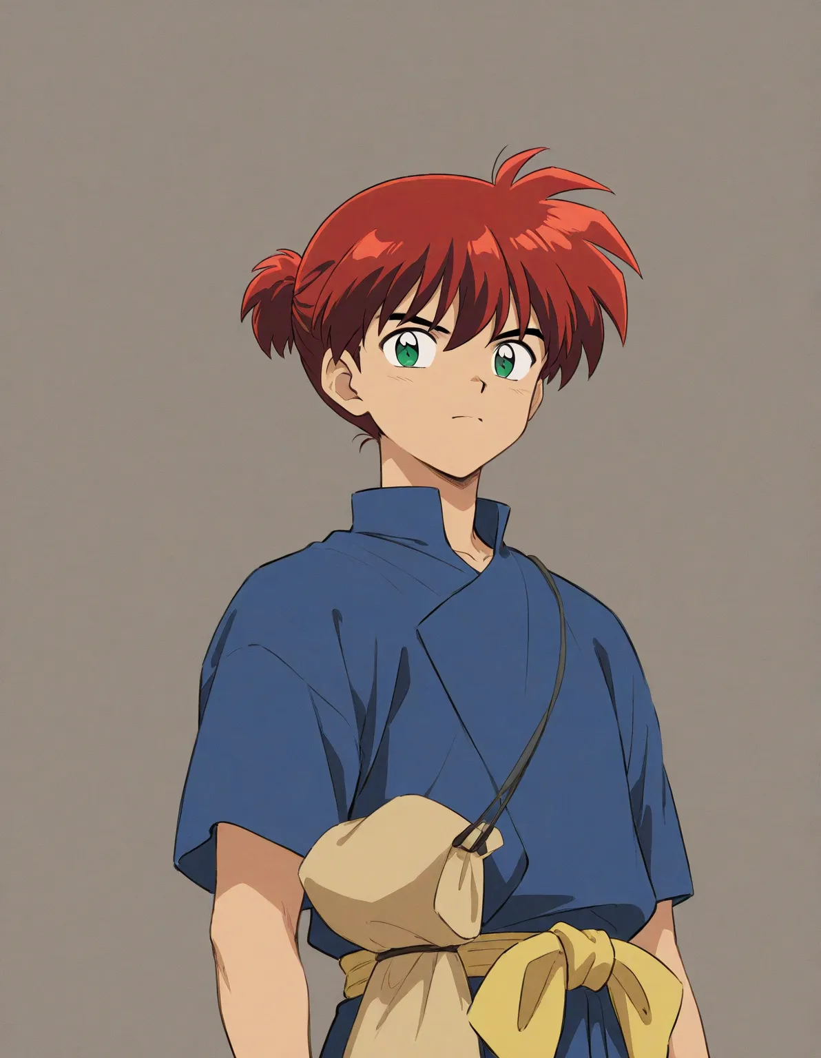 Just one little 11 boy  that is a sixth grade primary school student. He has short red hair and green eyes wearing a blue uniform. He is daring. Handsome. ish. Inuyasha anime character art style. High quality. 