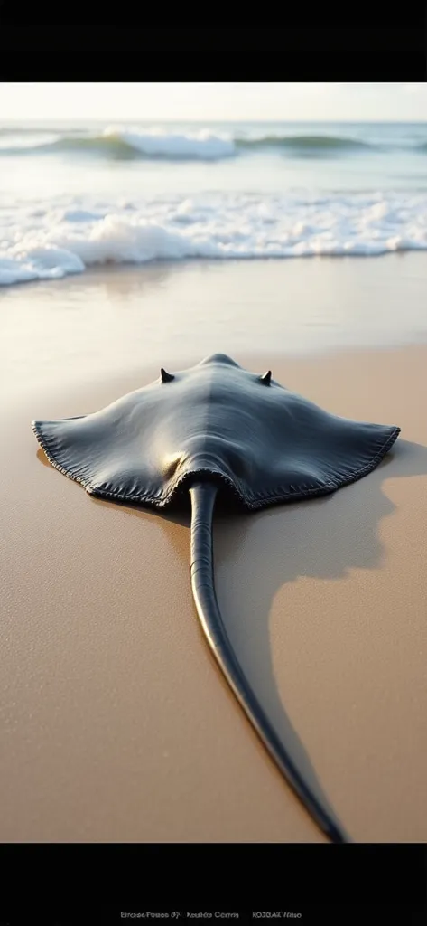 A dark, glistening stingray lies partially submerged on the soft, golden sand of the beach, with gentle waves lapping at its edges. Its distinctive flat body glistens under the sun, showcasing a smooth texture, while its long, slender tail is curved gracef...