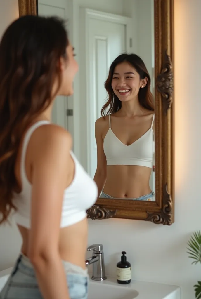 WOMAN LOOKING IN THE MIRROR HAPPY TO SEE THAT SHE LOST SEVERAL KILOS AFTER AN EXHAUSTING DIET