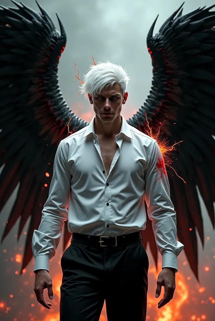 Make a guy with these traits, well I have white hair
 I have black wings with fire around them, white blouse with a little blood and black pants 