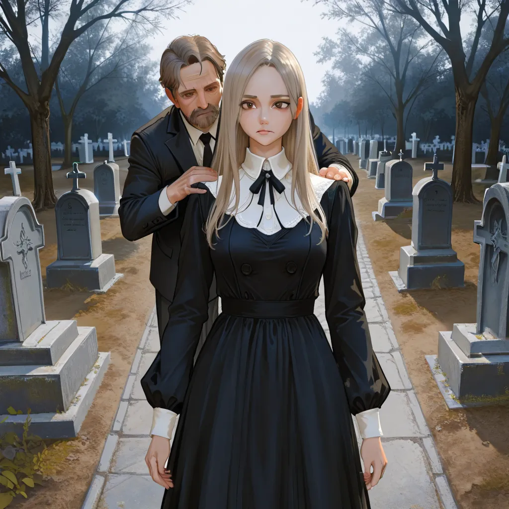 A tall male man, of short blond hair , with brown eyes, wearing a suit, standing in a cemetery placing her hand on the shoulder of a blond woman next to her who is wearing a black dress 