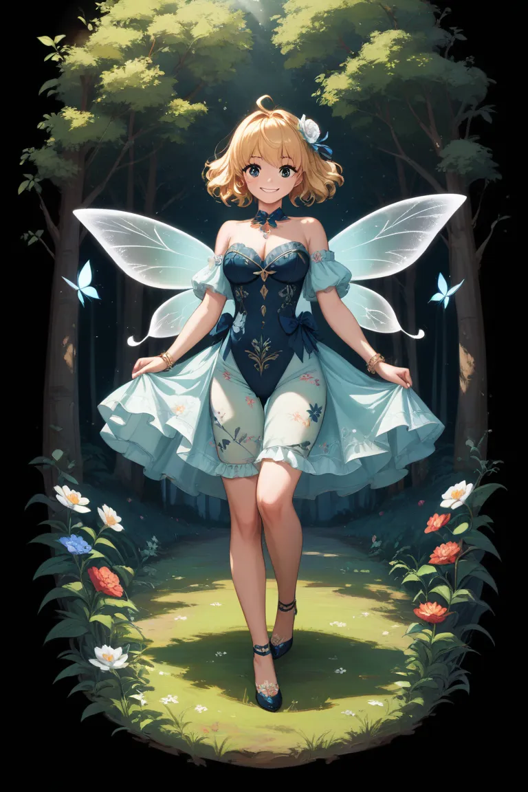 high image quality、anime、Fairy、Fairy、cute、 girl、is thin、 is flying、floral print bodysuit、 in the woods、sunlight filtering through the trees、Flower Field、 Smile、butterfly々Tsubasa of、小さな girl、Full body painting