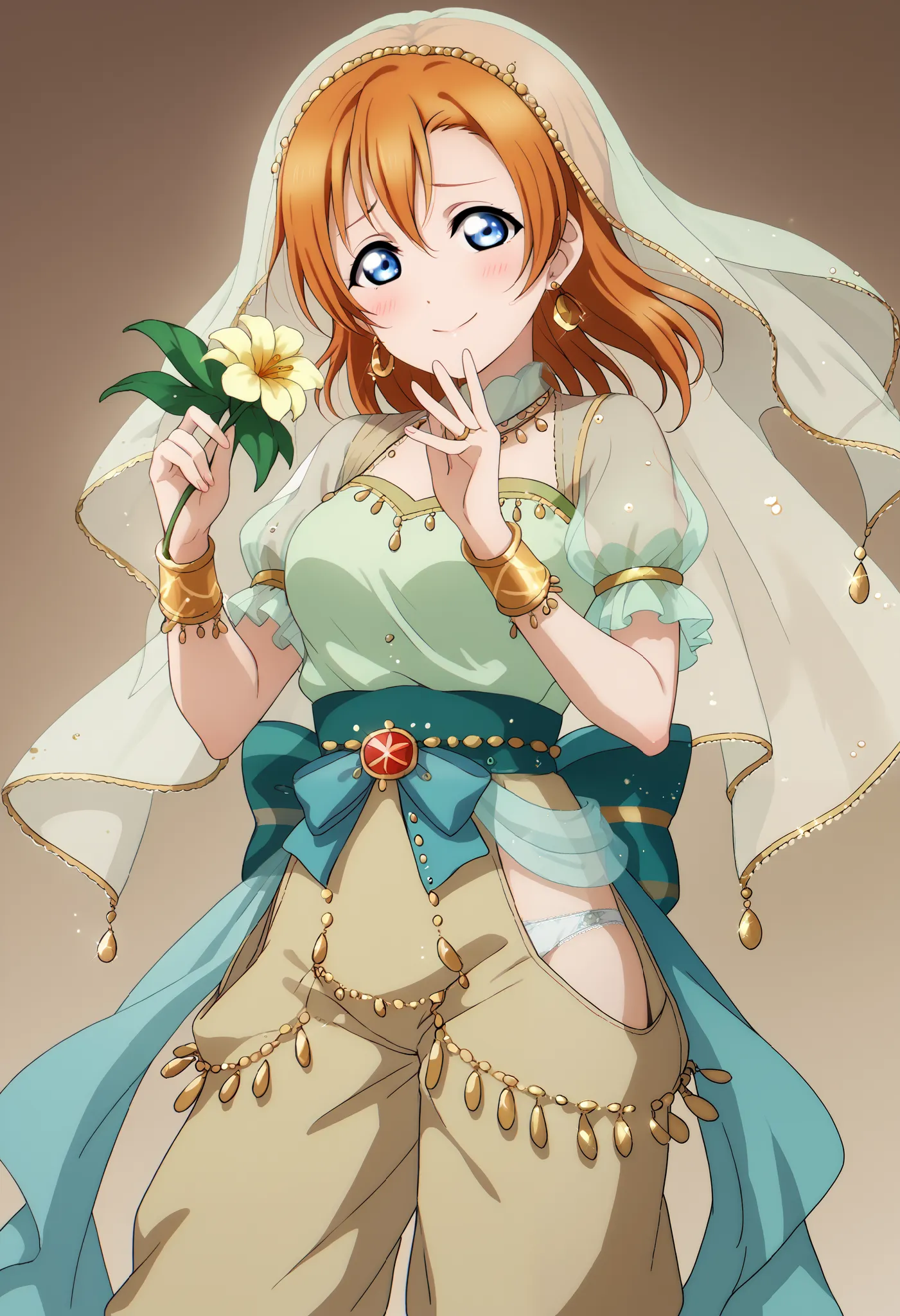 anime style, love live,kousaka honoka , love live, blue eyes, orange hair,earrings, (blushing) , standing, gentle expression. Wearing Arabian style clothes, green veil with golden ends, purple blouse,green puffy sleeves golden cuff bracelet, gloves,golden ...