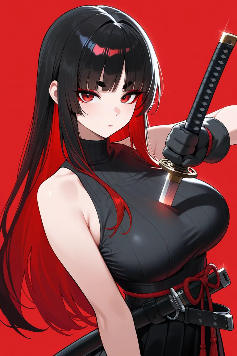  Masterpiece ,Best quality, amazing quality, in my hand is very aesthetically pleasing, newest , 1girl, Breasts, weapon, One, ,  red background, black hair, holding weapon, holding, unsheathing, large Breasts, holding ,  glove belt, looks at the viewer, sh...