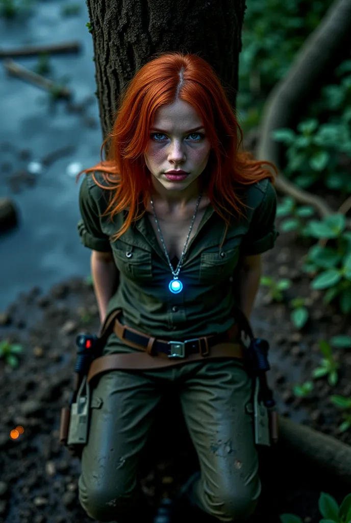  cinematic shooting . top view. Red-haired model girl in a camouflage shirt, camouflage pants and black military boots.a small round pendant glowing with blue light hangs around his neck on a silver chain. The girl was covered in mud from head to toe. ther...