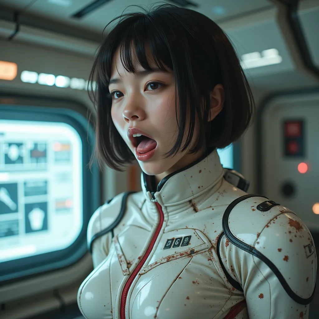 master piece, high resolution, photo-realistic, a short cut hair japanese girl (dress in a worn out futuristic metalic white battle suit adorned with one thick red line ):2.7 , (intense orgasms expression):1.2, (intensely drooling):1.9, moaning:1.7, (darty...