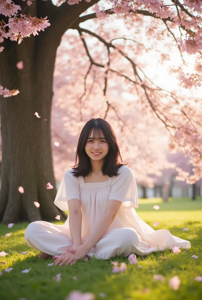 Photorealistic, 8k, soft diffused afternoon light, 1girl, Japanese, 163cm tall, dark-brown hair, eyes to camera, close-up shot, joyfully sitting beneath a massive cherry blossom tree in full bloom. She wears a flowing white dress, surrounded by soft pink p...