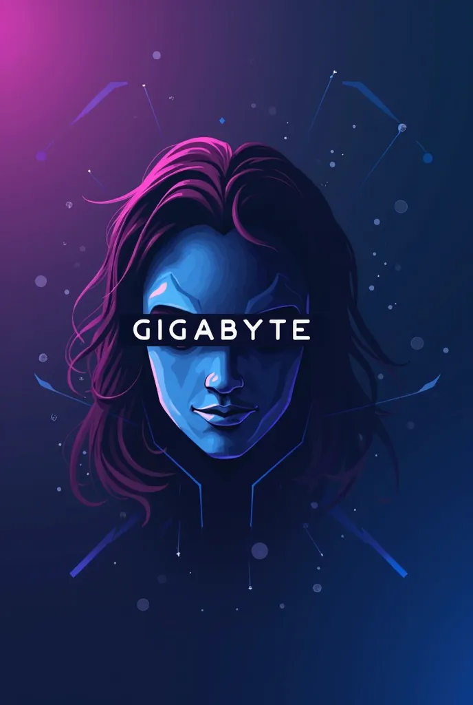 Programmer icon called Gigabyte colors blue purple and intermediate striking minimalist incomplete face logo that says Gigabyte that the face is crossed by the name